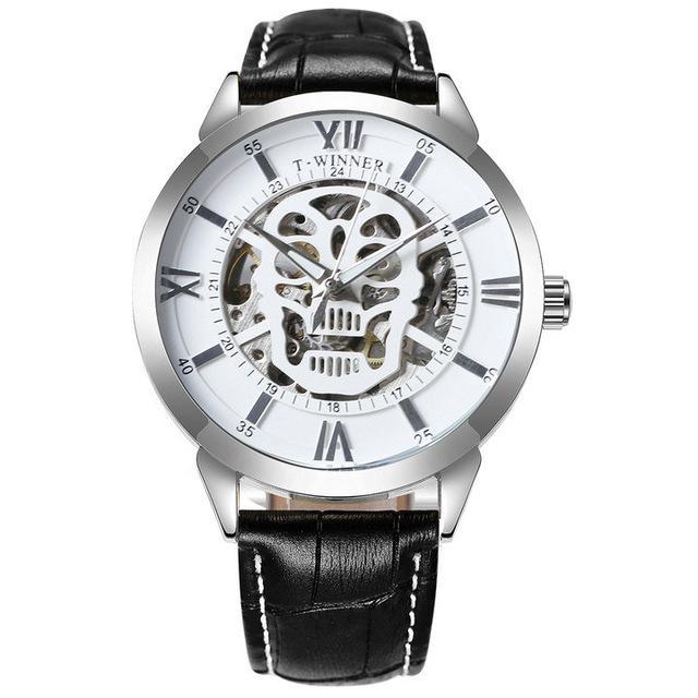 Automatic mechanical watch for men featuring a leather band, stainless steel buckle, and alloy case with a mineral tempered glass mirror.