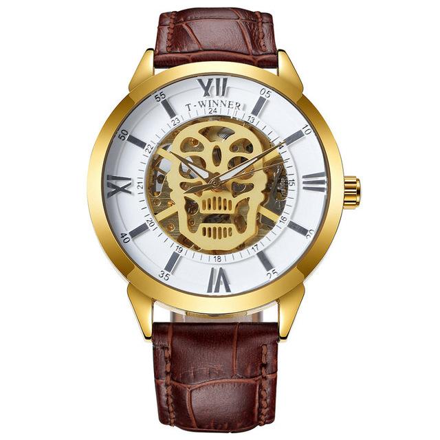 Automatic mechanical watch for men featuring a leather band, stainless steel buckle, and alloy case with a mineral tempered glass mirror.