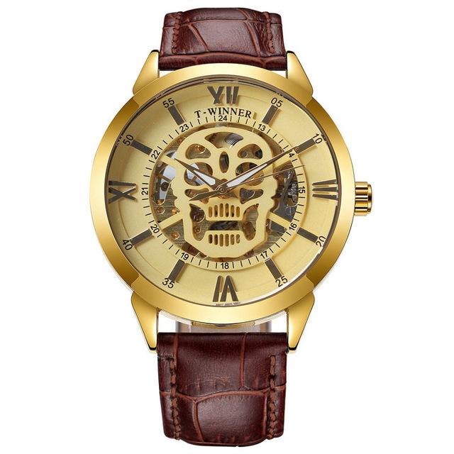 Automatic mechanical watch for men featuring a leather band, stainless steel buckle, and alloy case with a mineral tempered glass mirror.