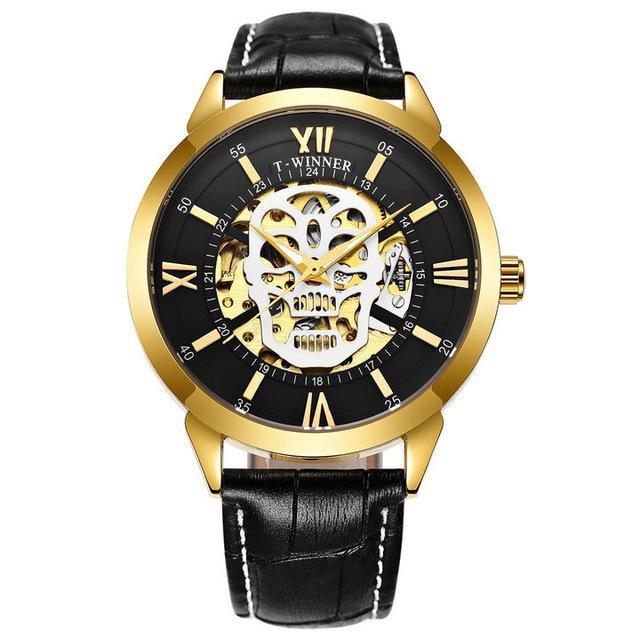 Automatic mechanical watch for men featuring a leather band, stainless steel buckle, and alloy case with a mineral tempered glass mirror.