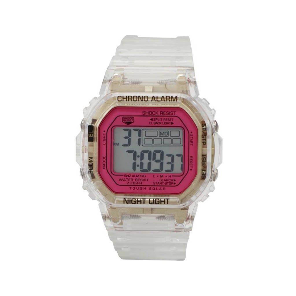 Avondale Smokey Transparent LCD Watch featuring a magenta face, transparent/gold case, and a comfortable silicon band.