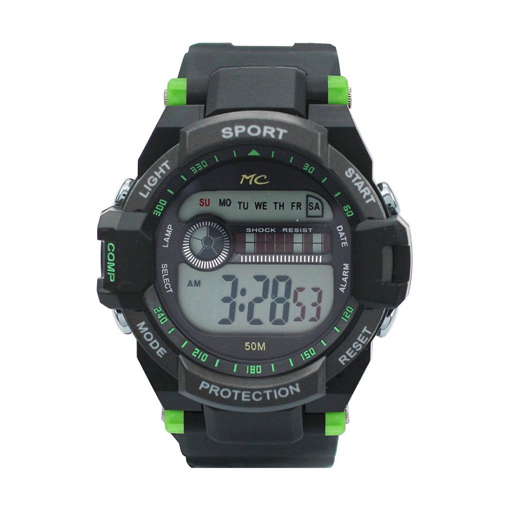 Montres Carlo Belmont Green Digital Watch with LCD display and plastic band.