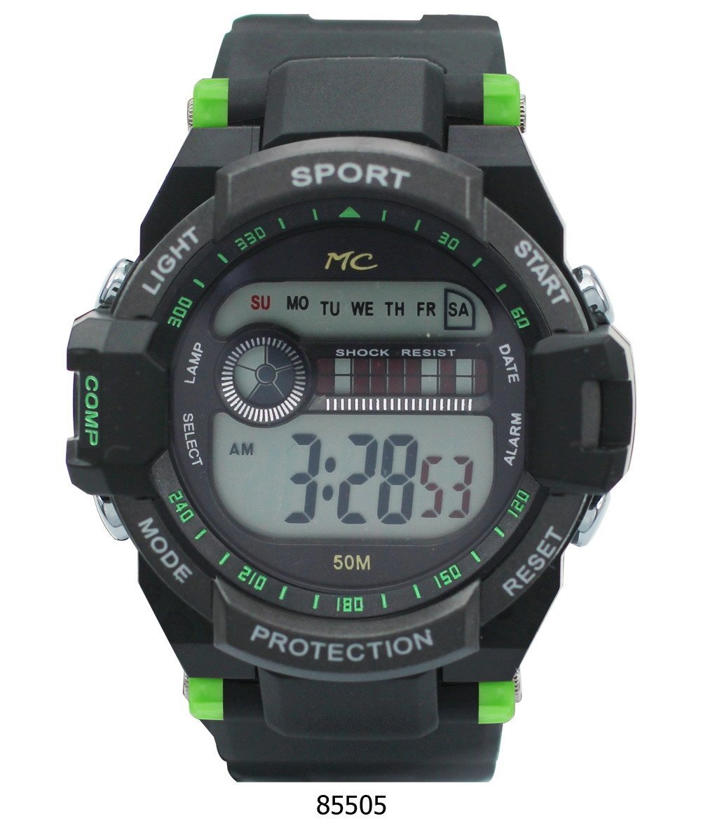 Montres Carlo Belmont Green Digital Watch with LCD display and plastic band.