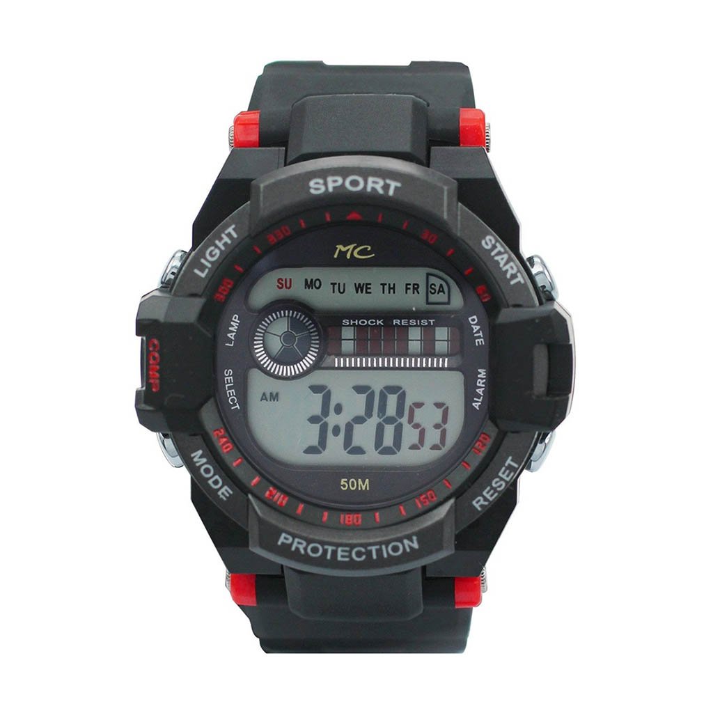 Montres Carlo Berkeley Red Digital LCD Watch with plastic case and band, showcasing vibrant red display.