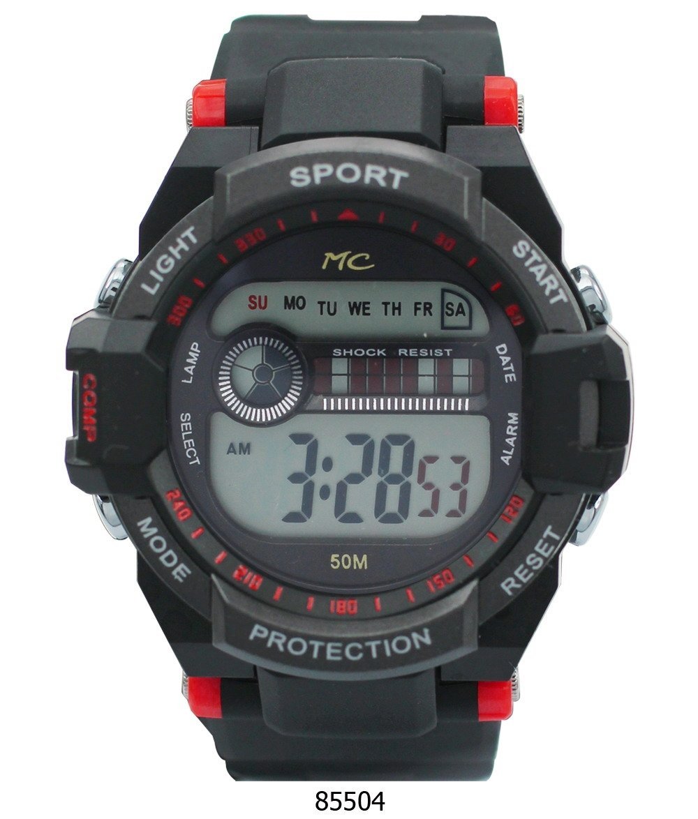 Montres Carlo Berkeley Red Digital LCD Watch with plastic case and band, showcasing vibrant red display.