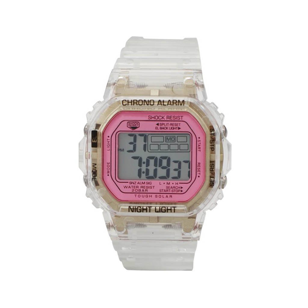 M Milano Expressions Smokey Transparent LCD Watch featuring a transparent gold case and vibrant hot pink face, showcasing its stylish design.