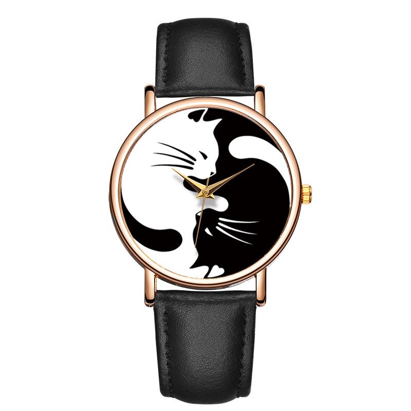 A stylish black and white watch featuring a cat design, perfect for women who love cats.