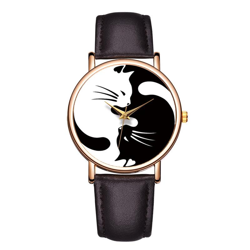 A stylish black and white watch featuring a cat design, perfect for women who love cats.