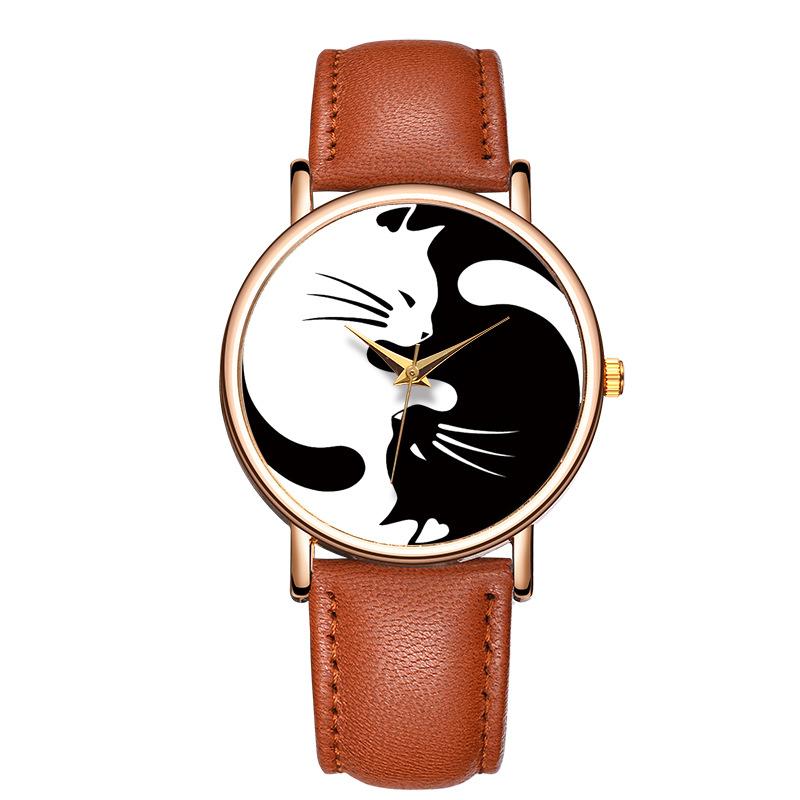 A stylish black and white watch featuring a cat design, perfect for women who love cats.