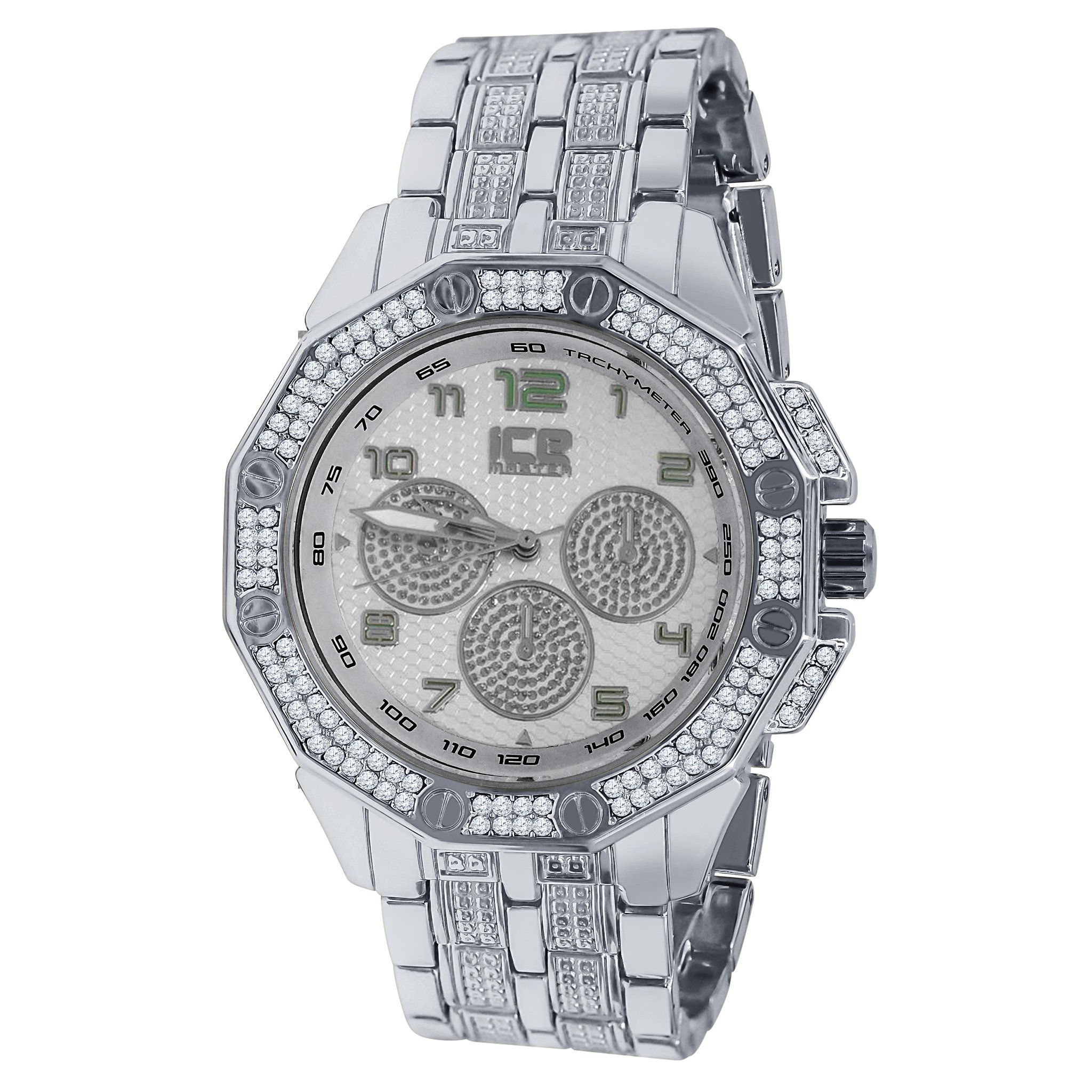 Bling Metal Band Watch for Men with CZ accents, showcasing a stylish design and adjustable links.