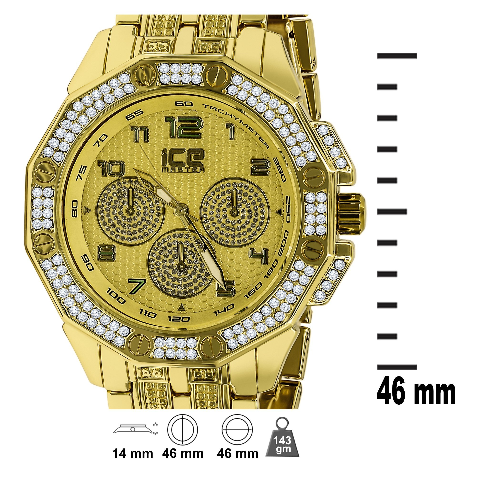 Bling Metal Band Watch for Men featuring CZ stones on bezel, solid alloy construction, and adjustable links for a perfect fit.