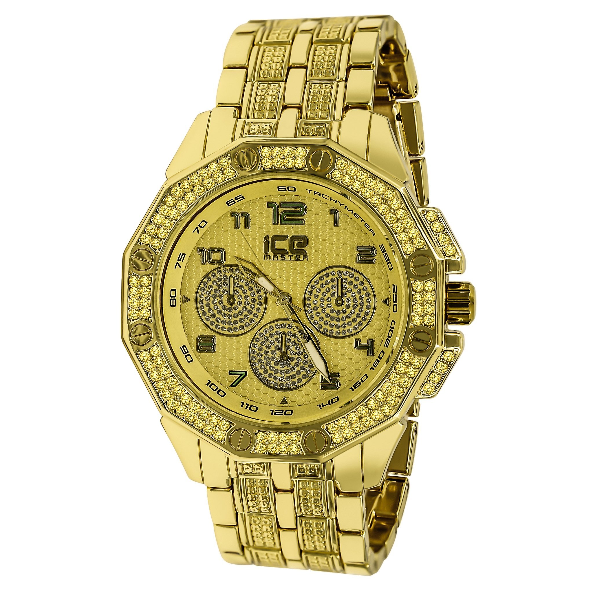 Bling Metal Band Watch for Men featuring CZ accents, adjustable links, and a stylish design.