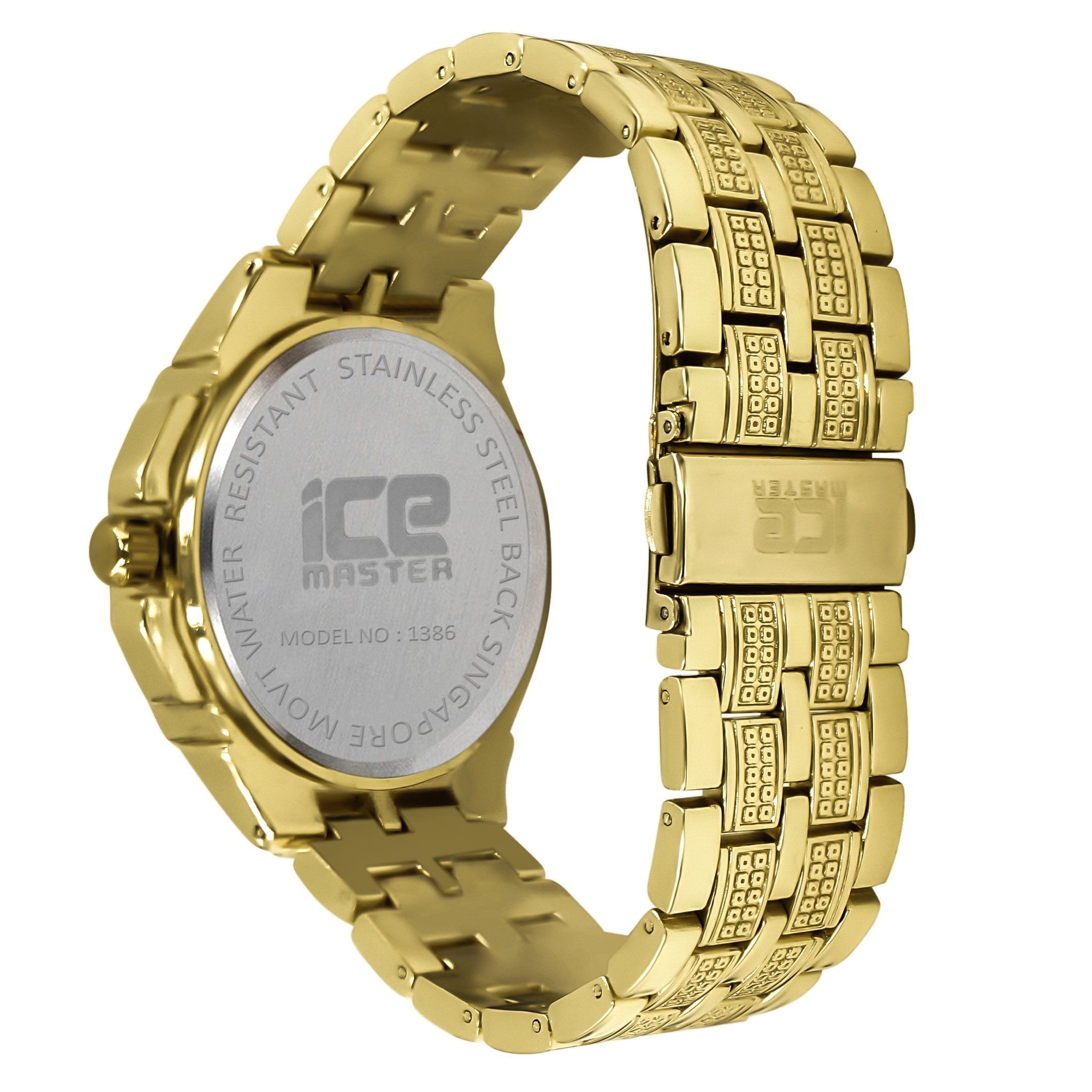 Bling Metal Band Watch for Men featuring CZ accents, adjustable links, and a stylish design.