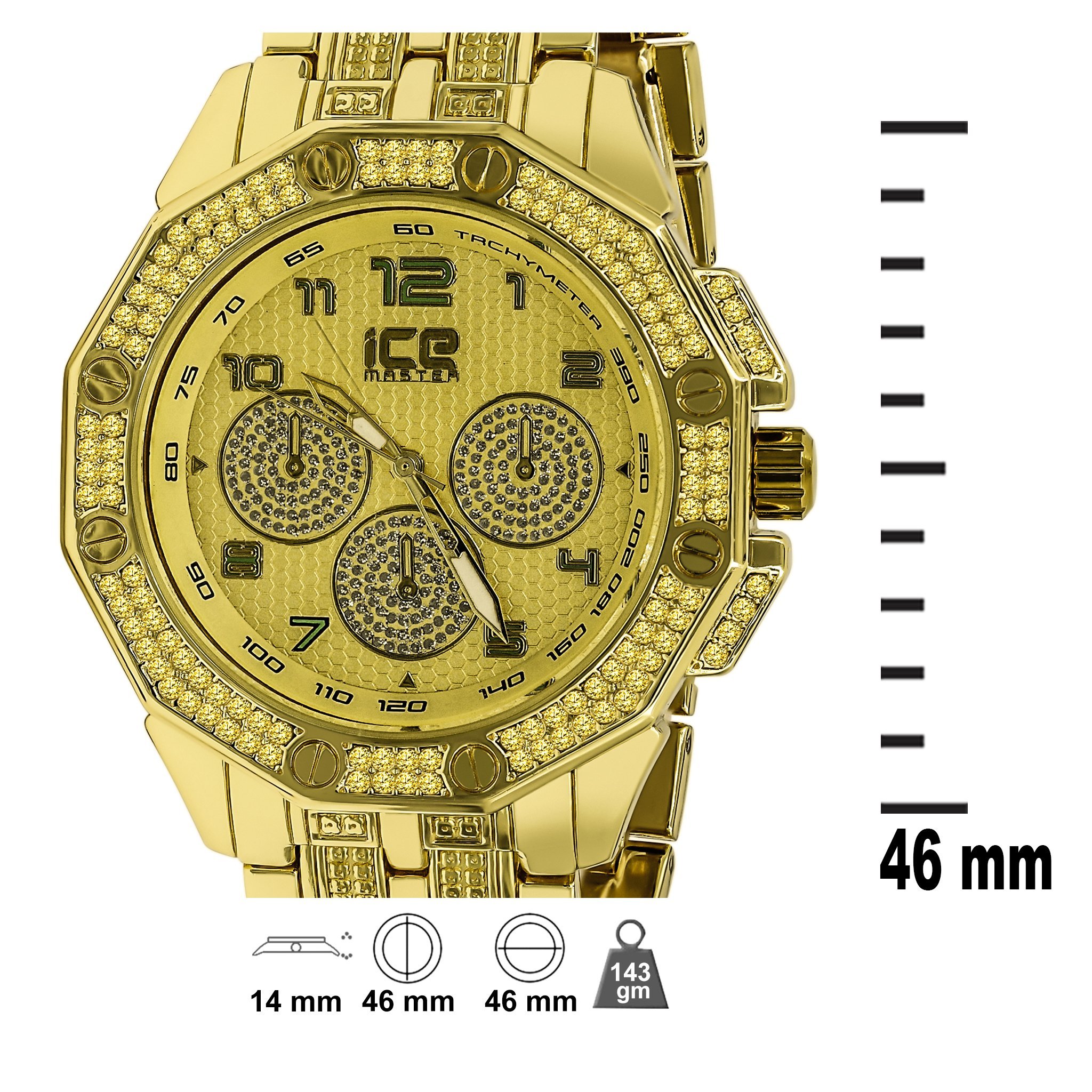 Bling Metal Band Watch for Men featuring CZ accents, adjustable links, and a stylish design.