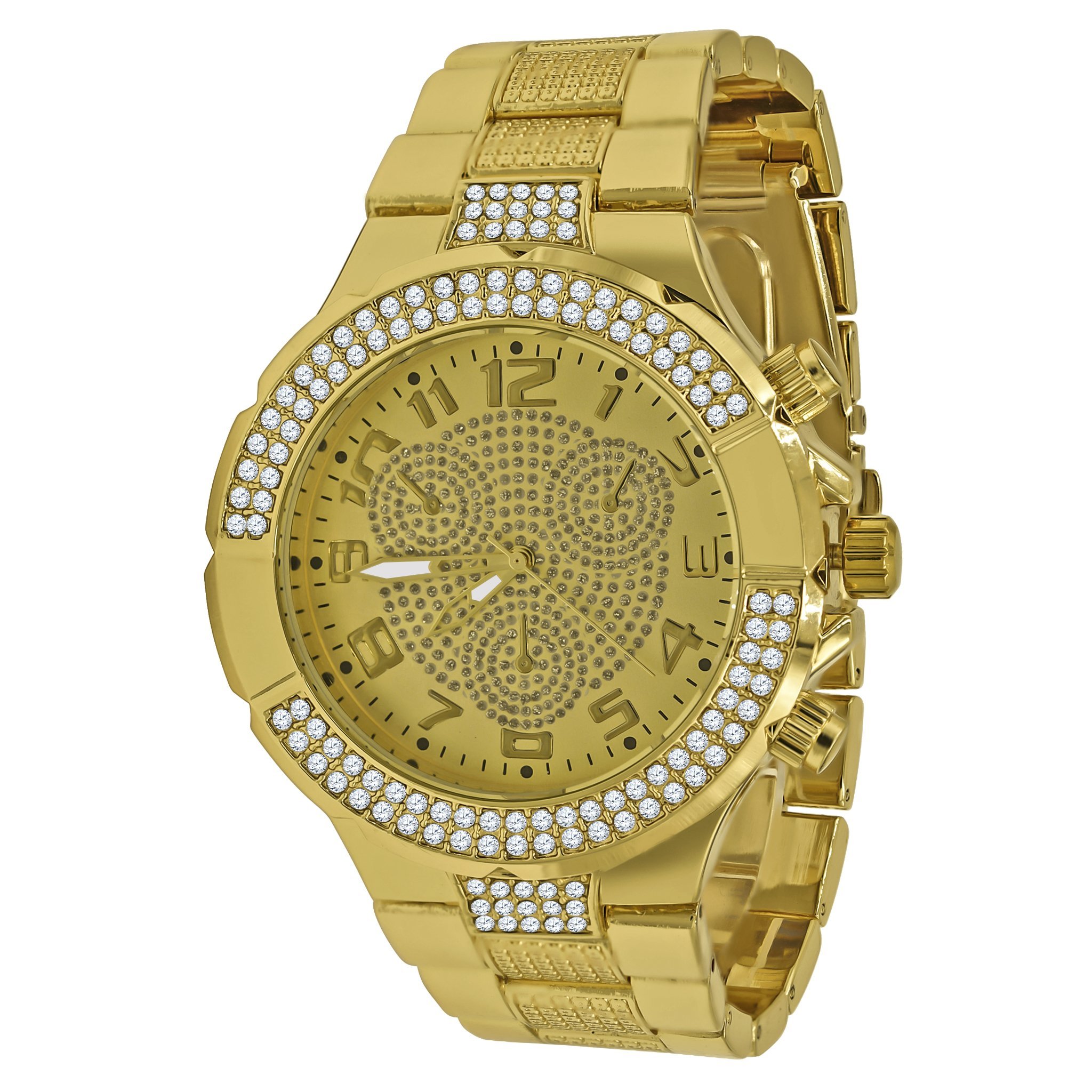 Bling Metal Band Watch for Men with CZ stones and adjustable links, showcasing a stylish design and durable construction.