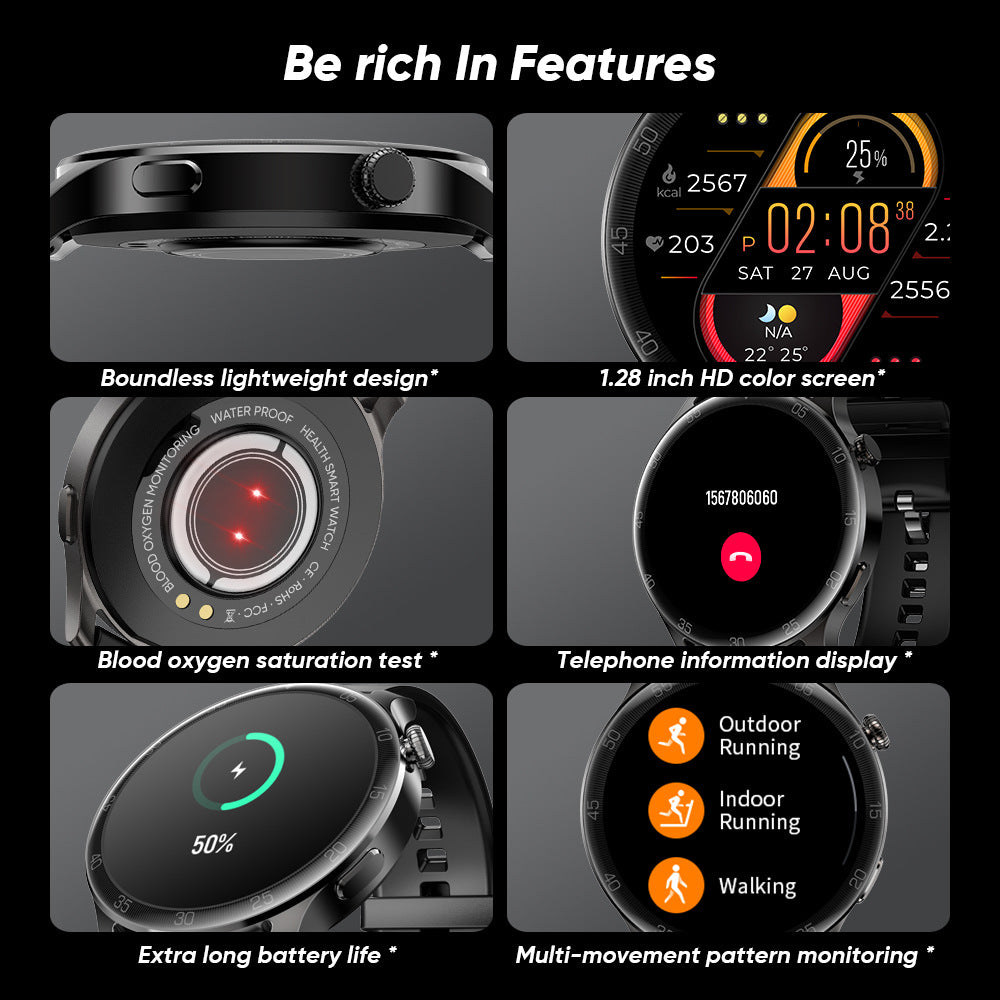 Blood Pressure Monitoring Smart Watch with a 1.28-inch display, showcasing its sleek design and health tracking features.