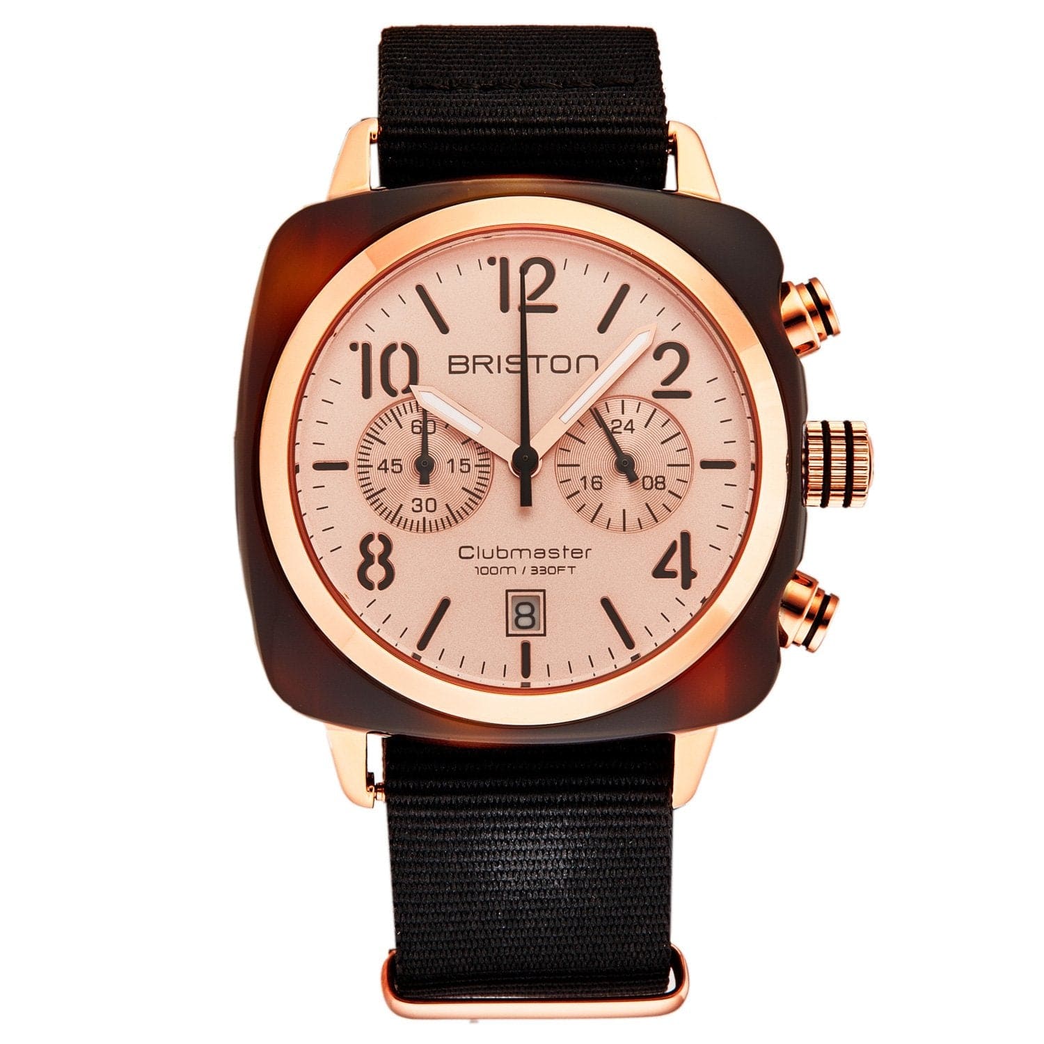 Briston Men's 14140.PRA.T.6.NB Clubmaster Classic watch featuring a rose gold dial and tortoise shell acetate case with a nylon band.