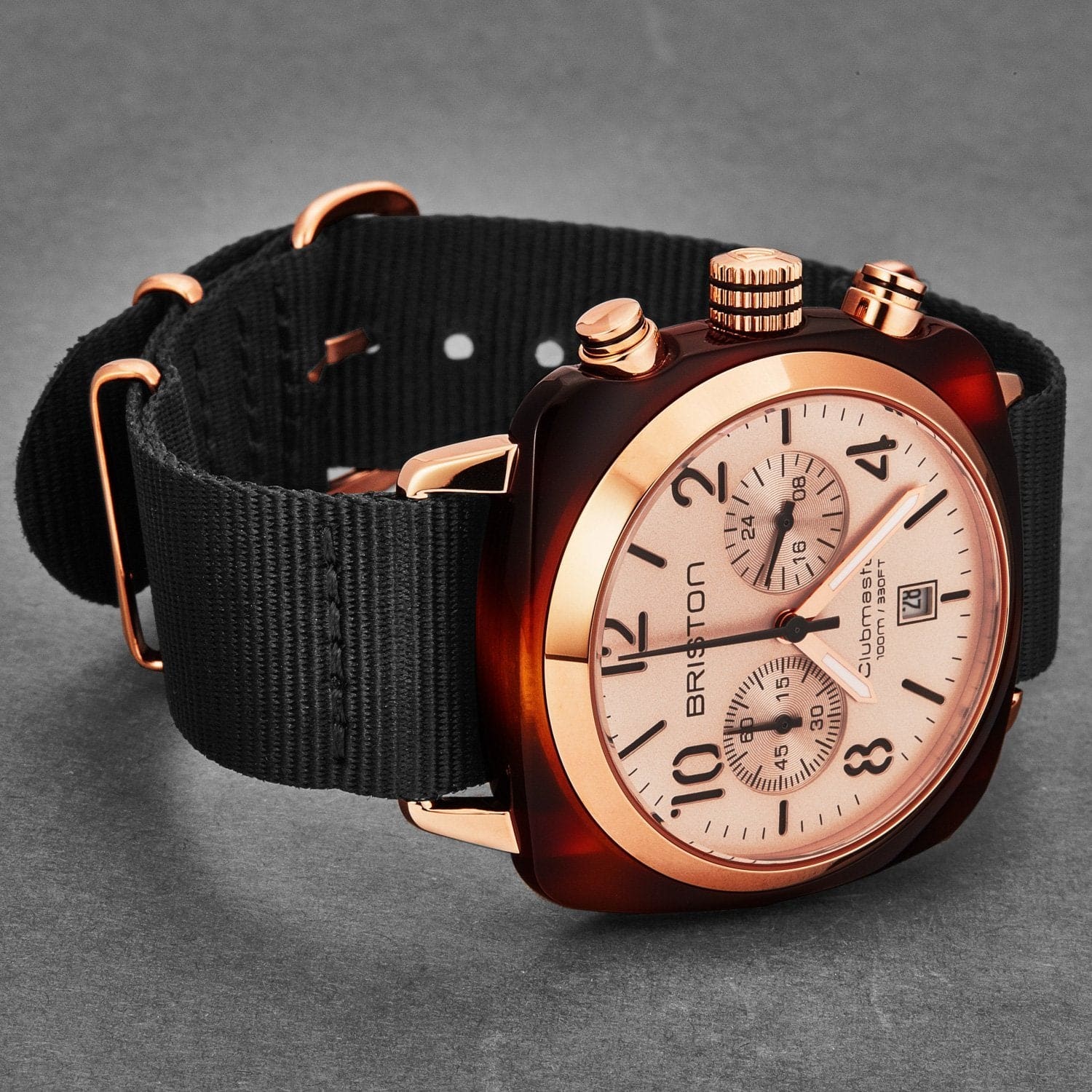 Briston Men's 14140.PRA.T.6.NB Clubmaster Classic watch featuring a rose gold dial and tortoise shell acetate case with a nylon band.