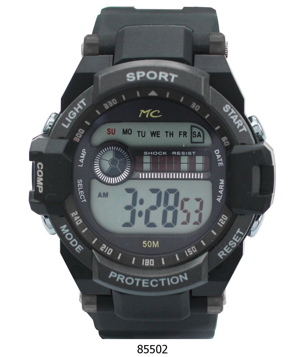 Montres Carlo Buena Park Black Digital LCD Watch with plastic case and band, showcasing its sleek design and LCD display.