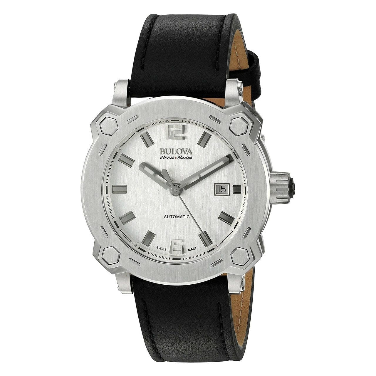 Bulova 63B191 Accu Swiss Automatic Men's watch featuring a stainless steel case, black leather strap, and silver dial.