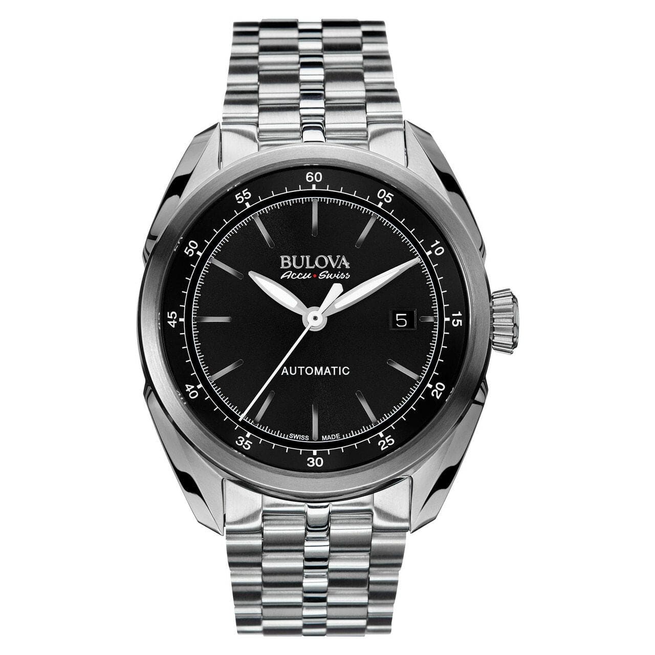 Bulova 63B193 Accu-Swiss Tellaro watch featuring a black dial and stainless steel case and bracelet.