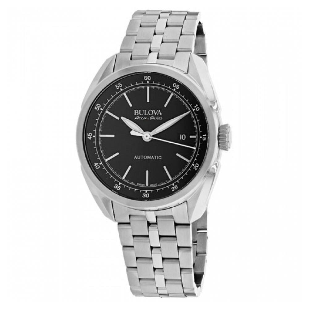 Bulova 63B193 Accu-Swiss Tellaro watch featuring a black dial and stainless steel case and bracelet.