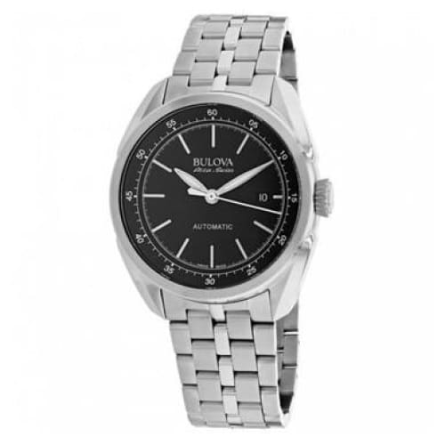 Bulova 63B193 Accu-Swiss Tellaro watch featuring a black dial and stainless steel case and bracelet.