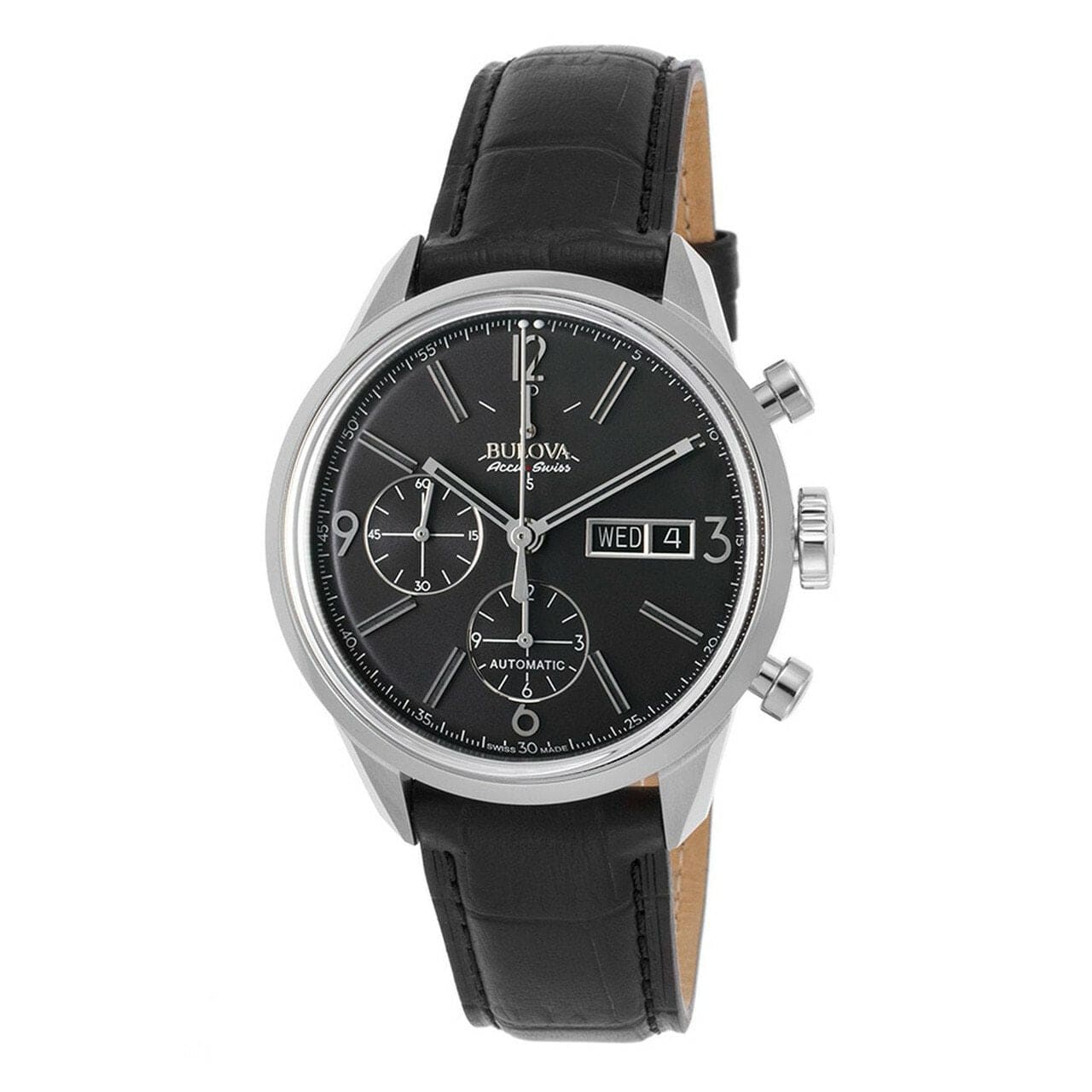 Bulova 63C115 Accu Swiss Murren Auto Chrono watch featuring a black leather strap and grey dial with stainless steel case.