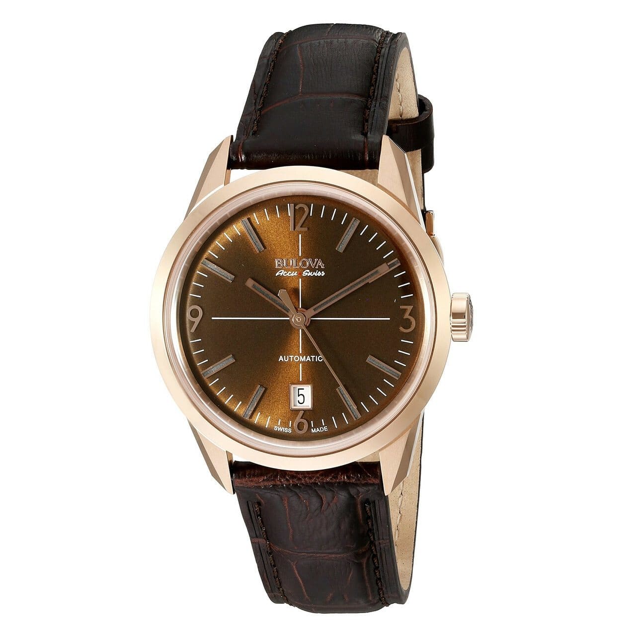 Bulova 64B124 Accu Swiss Murren watch featuring rose gold tone case, brown dial, and genuine leather strap.