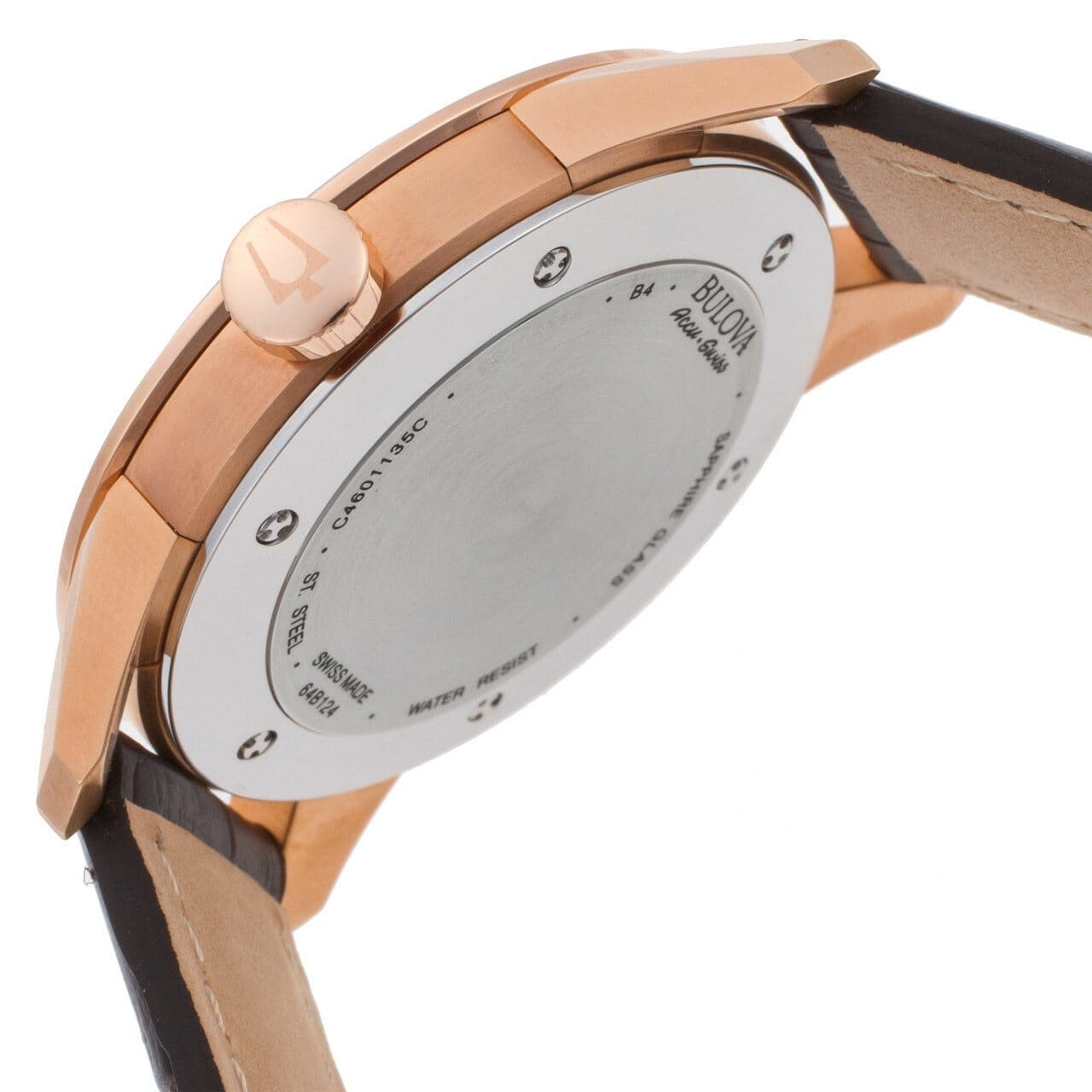 Bulova 64B124 Accu Swiss Murren watch featuring rose gold tone case, brown dial, and genuine leather strap.