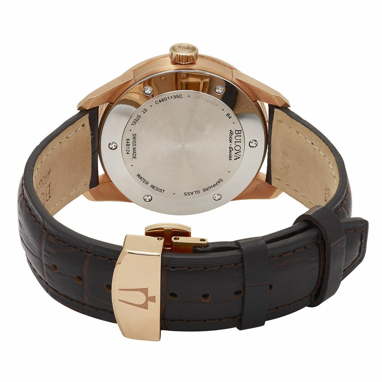 Bulova 64B124 Accu Swiss Murren watch featuring rose gold tone case, brown dial, and genuine leather strap.