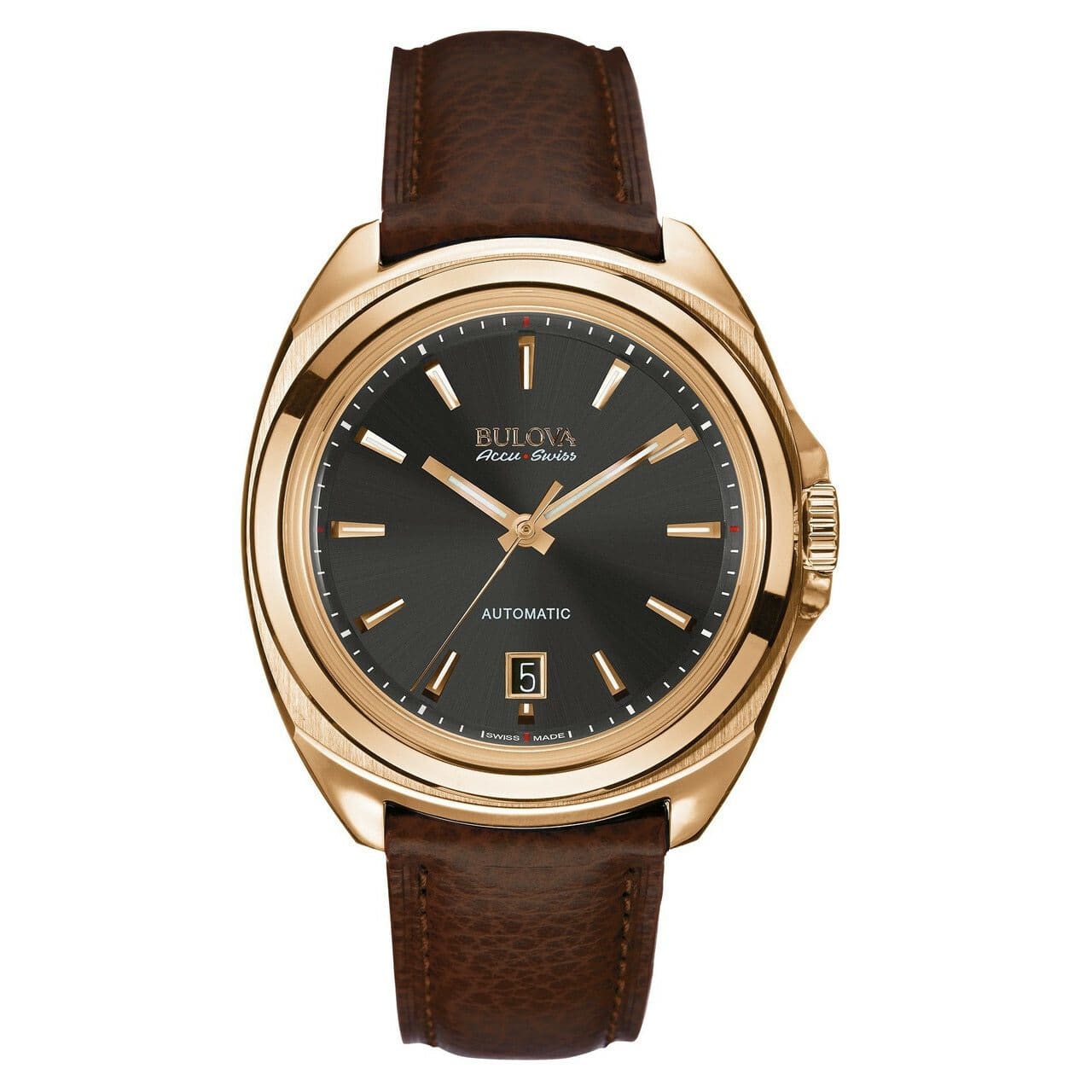 Bulova 64B126 Accu Swiss watch featuring a black dial, stainless steel case, and brown reptile print leather strap.