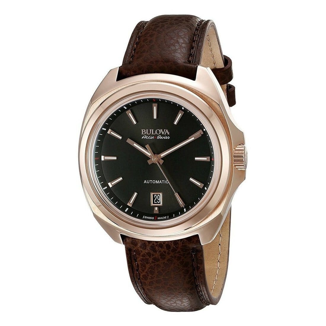 Bulova 64B126 Accu Swiss watch featuring a black dial, stainless steel case, and brown reptile print leather strap.