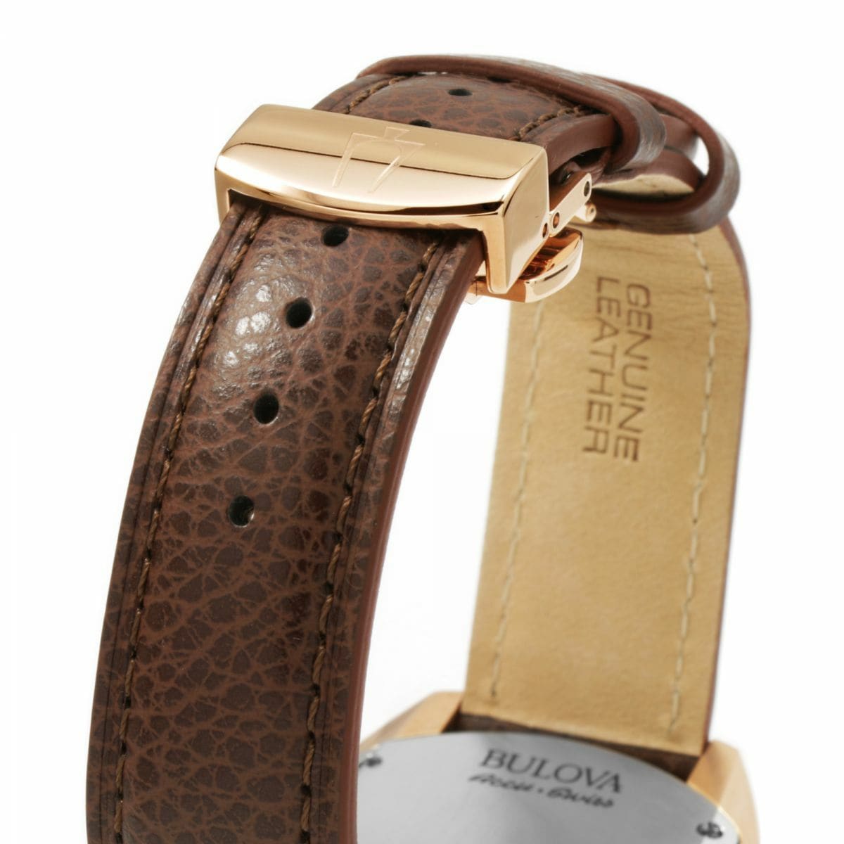 Bulova 64B126 Accu Swiss watch featuring a black dial, stainless steel case, and brown reptile print leather strap.