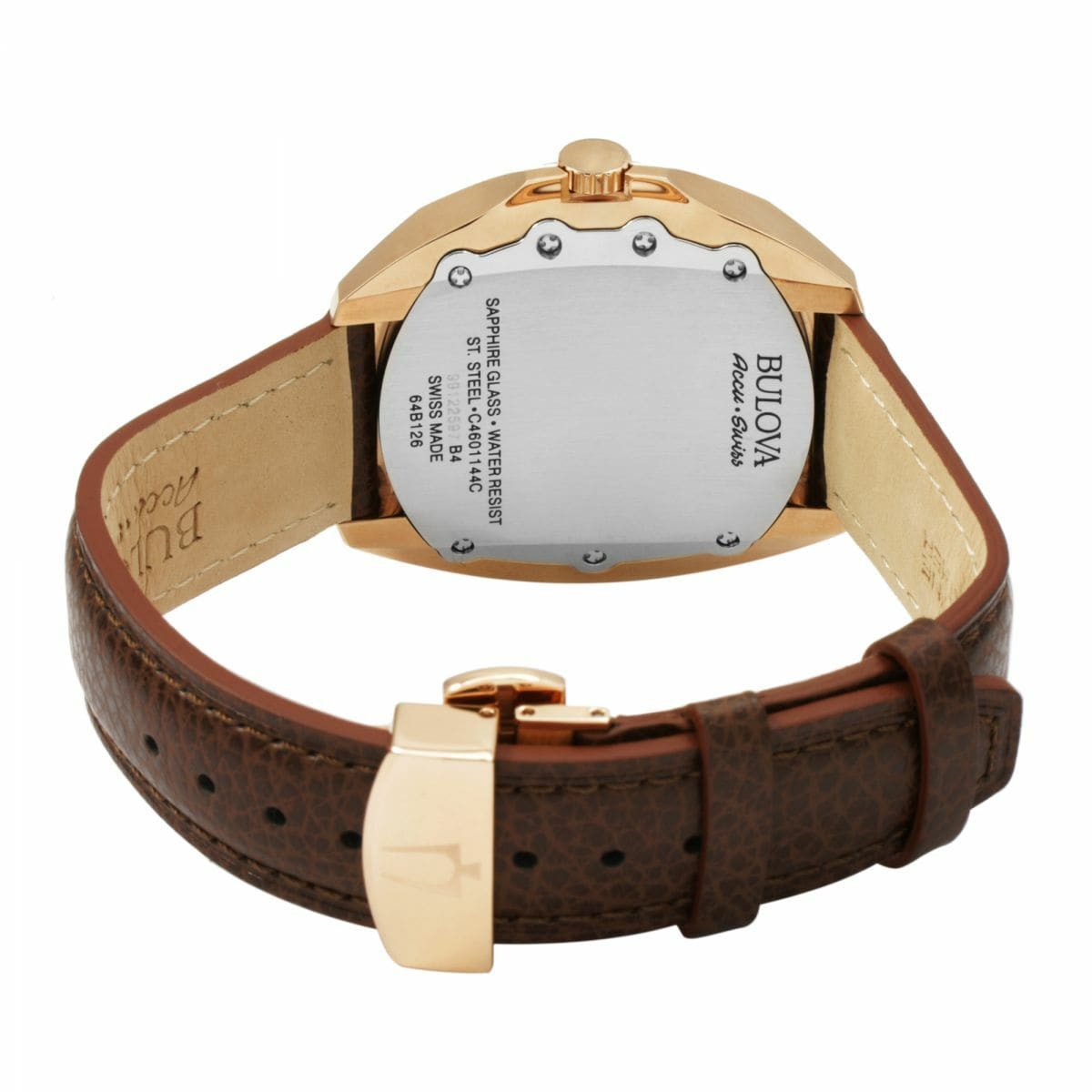 Bulova 64B126 Accu Swiss watch featuring a black dial, stainless steel case, and brown reptile print leather strap.