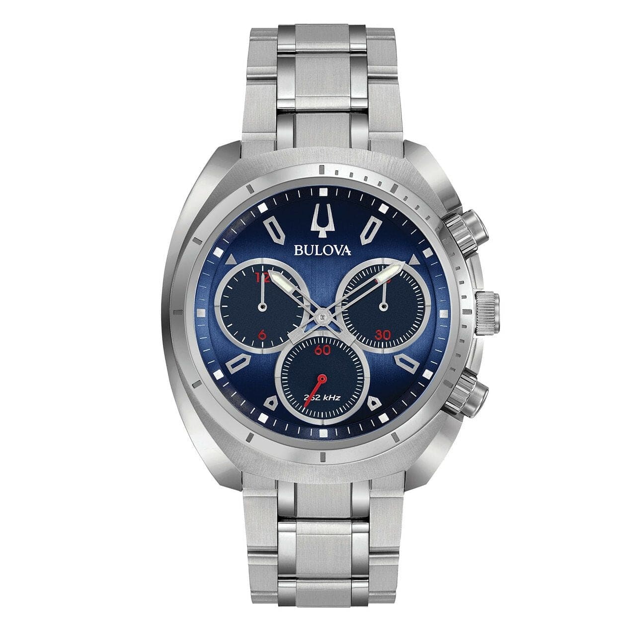 Bulova 96A185 CURV Men's Chronograph Watch with blue dial and stainless steel bracelet, showcasing its elegant design and features.