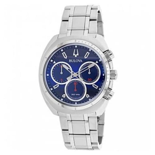 Bulova 96A185 CURV Men's Chronograph Watch with blue dial and stainless steel bracelet, showcasing its elegant design and features.