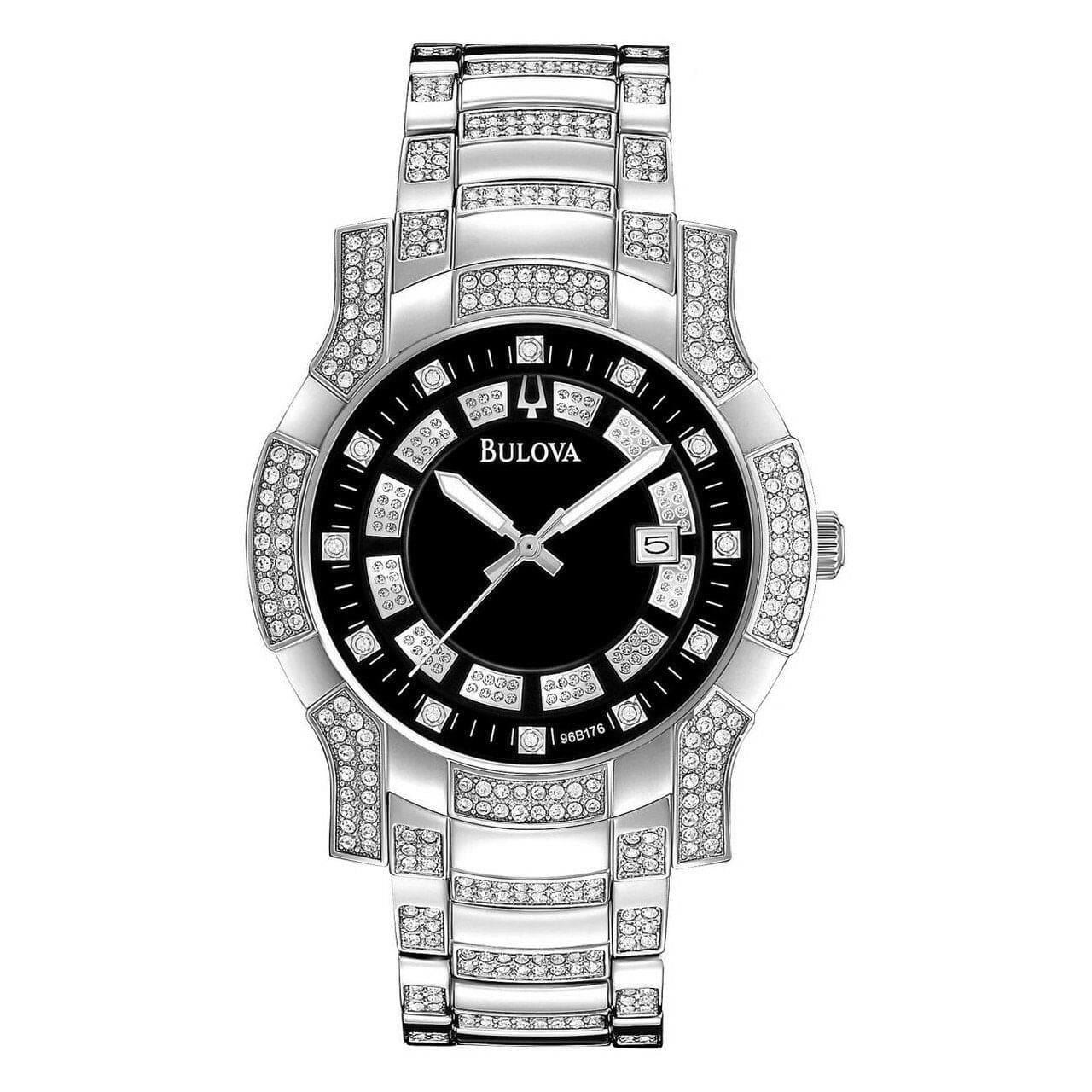 Bulova 96B176 Men's Watch featuring a black dial, Swarovski crystal accents, and a stainless steel case and bracelet.