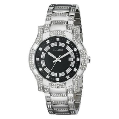 Bulova 96B176 Men's Watch featuring a black dial, Swarovski crystal accents, and a stainless steel case and bracelet.