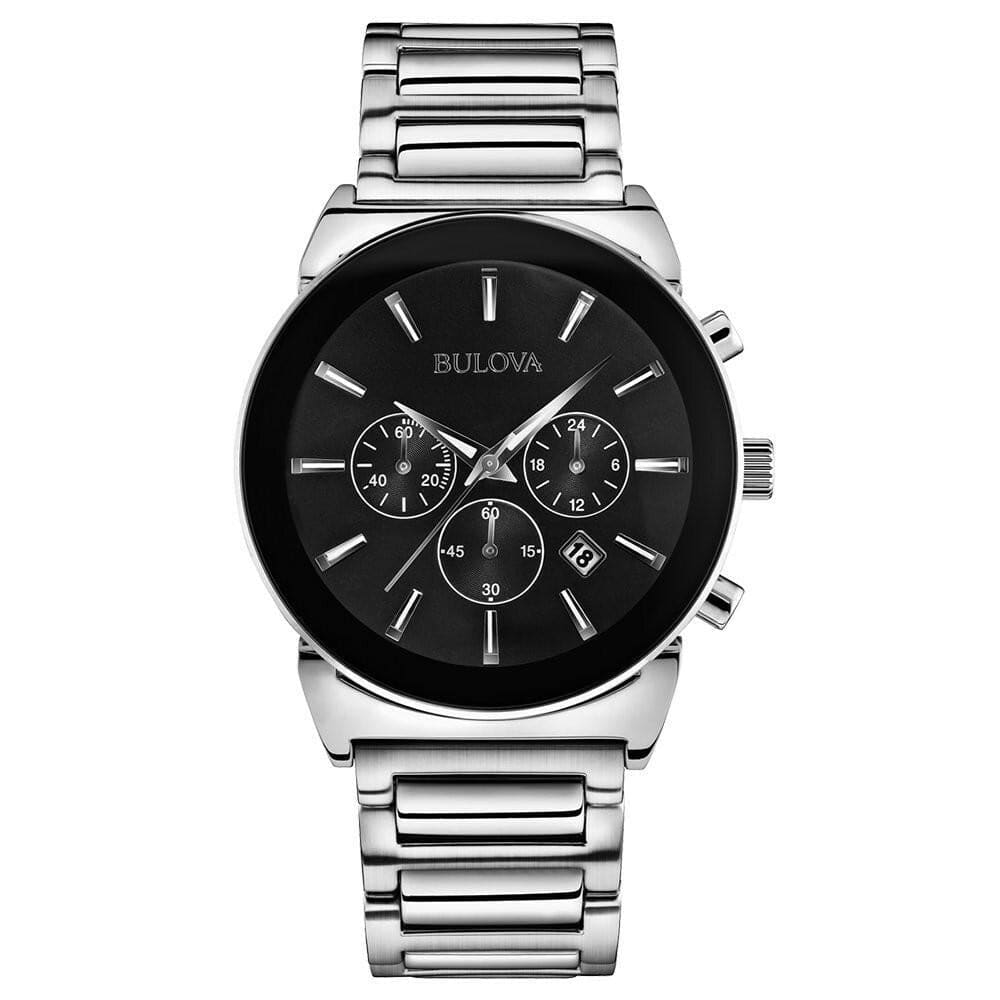 Bulova 96B203 Men's Chronograph Watch featuring a black dial, silver-tone hands, and stainless steel case and bracelet.