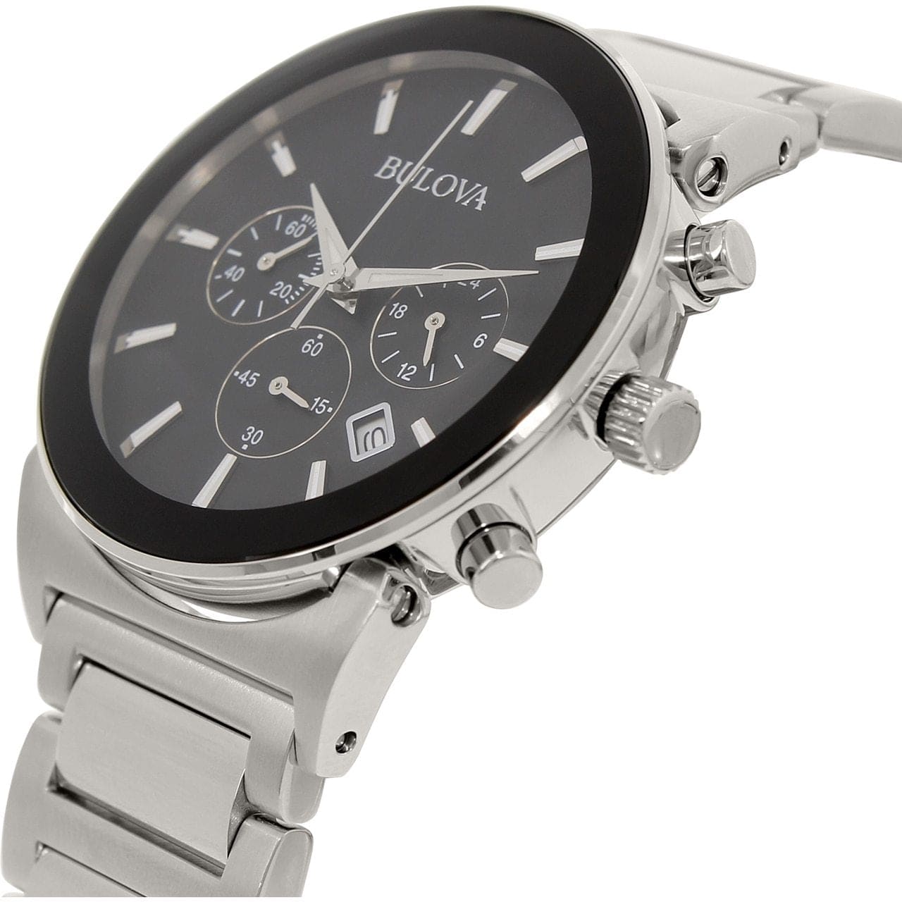 Bulova 96B203 Men's Chronograph Watch featuring a black dial, silver-tone hands, and stainless steel case and bracelet.