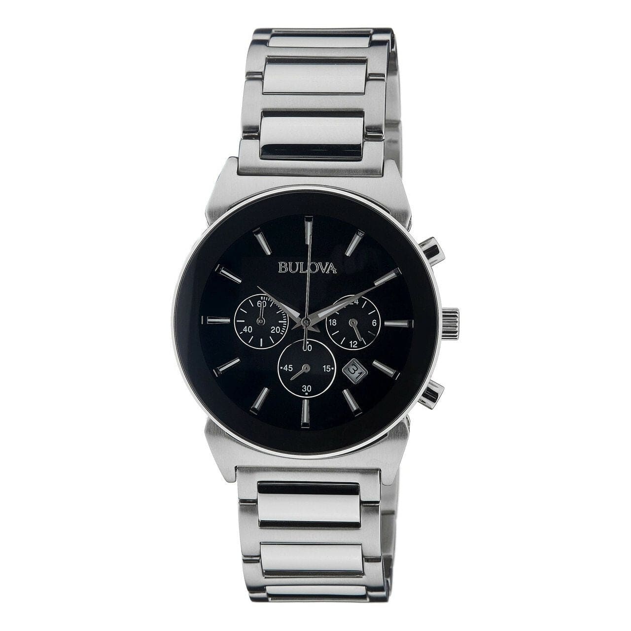 Bulova 96B203 Men's Chronograph Watch featuring a black dial, silver-tone hands, and stainless steel case and bracelet.