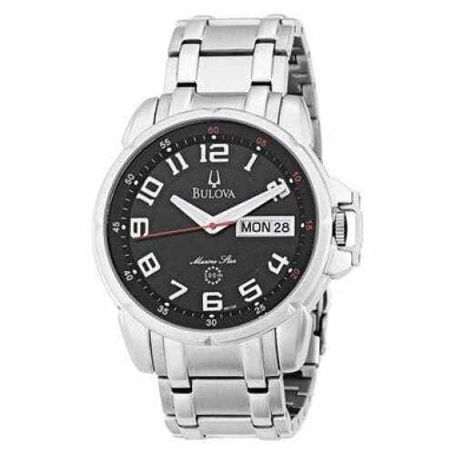 Bulova 96C100 Marine Star Men's Watch with black dial and stainless steel bracelet, showcasing sporty elegance and durability.