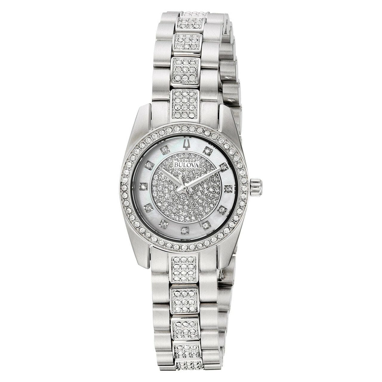 Bulova 96L253 women's watch with mother-of-pearl dial and crystal accents, featuring a stainless steel case and bracelet.