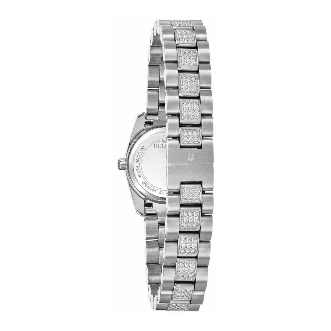 Bulova 96L253 women's watch with mother-of-pearl dial and crystal accents, featuring a stainless steel case and bracelet.