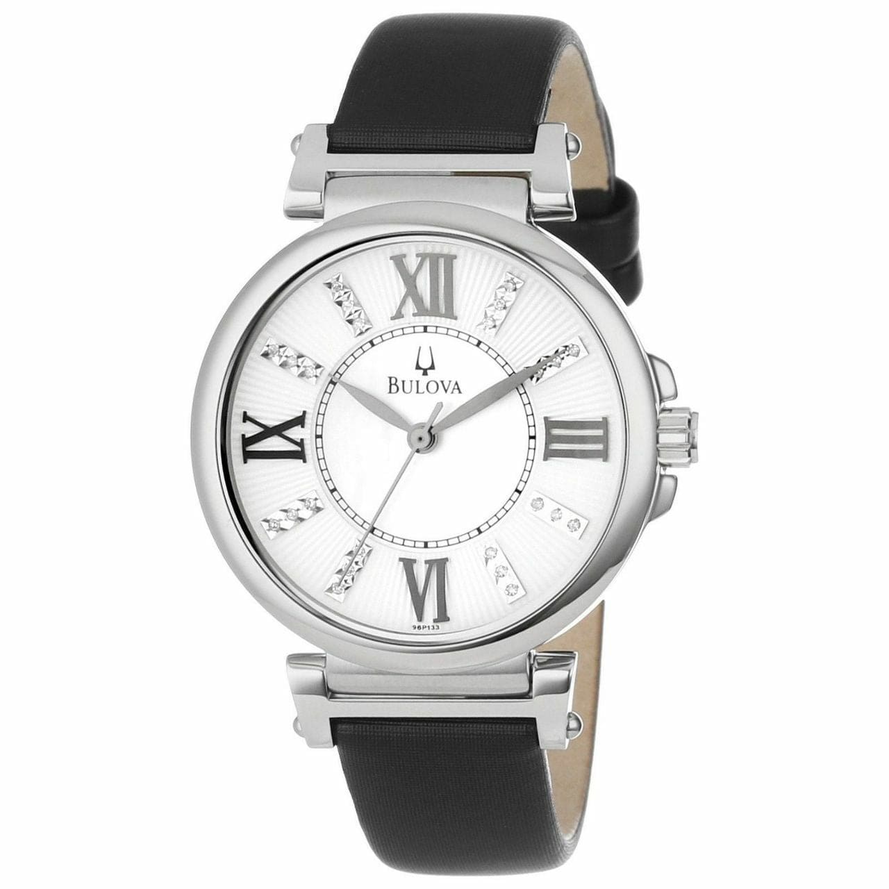 Bulova 96P133 watch featuring a mother of pearl dial adorned with 24 diamonds and a black leather strap.