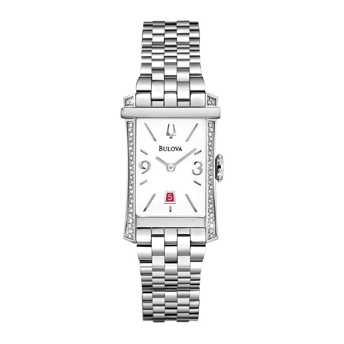 Bulova 96R187 Diamond Gallery Women's Watch with white dial and diamond accents in a stainless steel case.