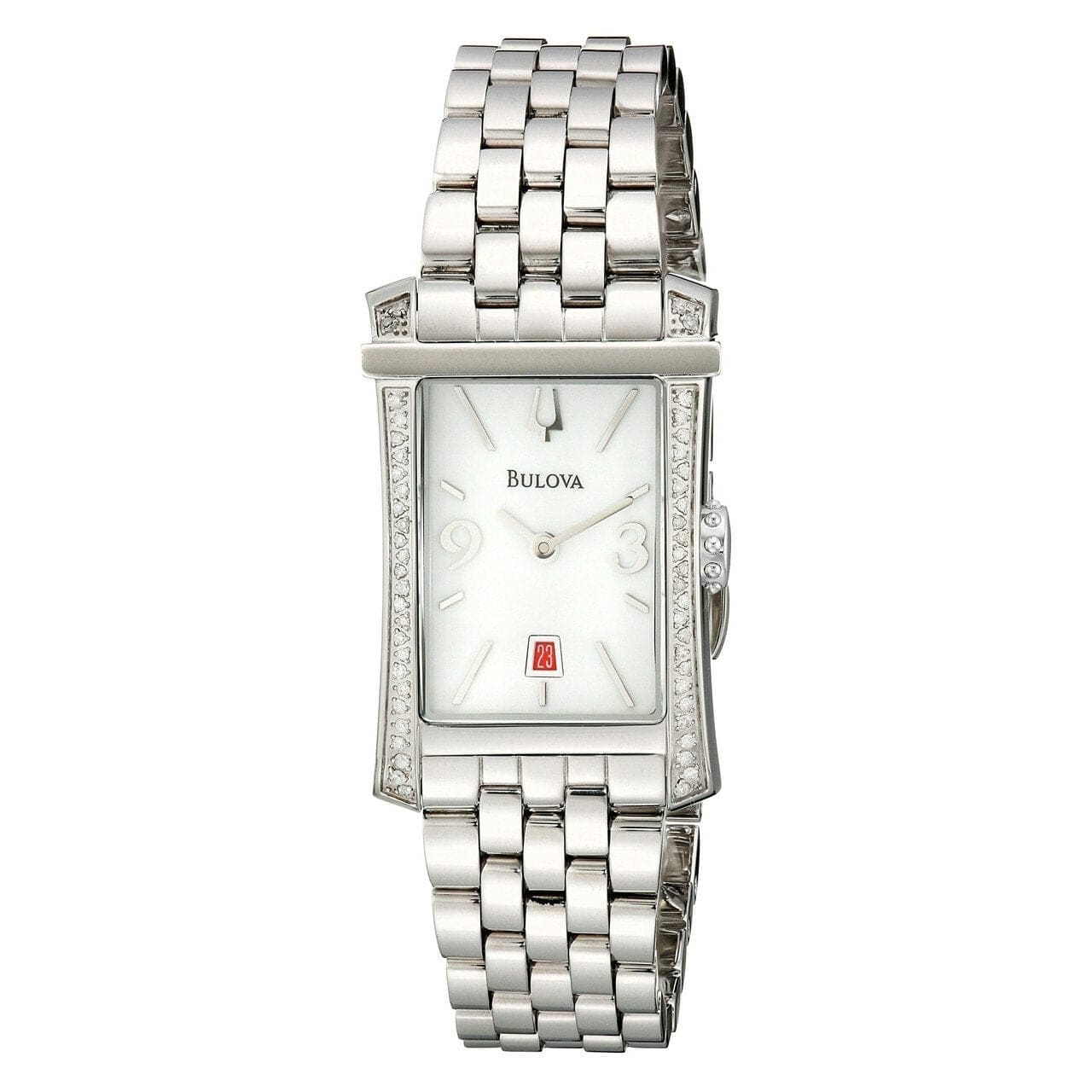 Bulova 96R187 Diamond Gallery Women's Watch with white dial and diamond accents in a stainless steel case.