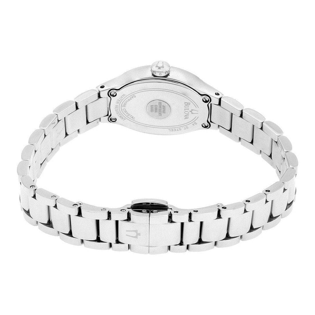 Bulova 96R191 Diamond Gallery Women's Watch with white dial and silver stainless steel band, featuring diamond accents.