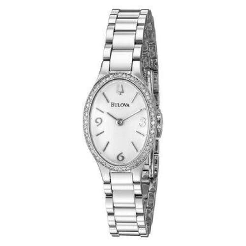 Bulova 96R191 Diamond Gallery Women's Watch with white dial and silver stainless steel band, featuring diamond accents.